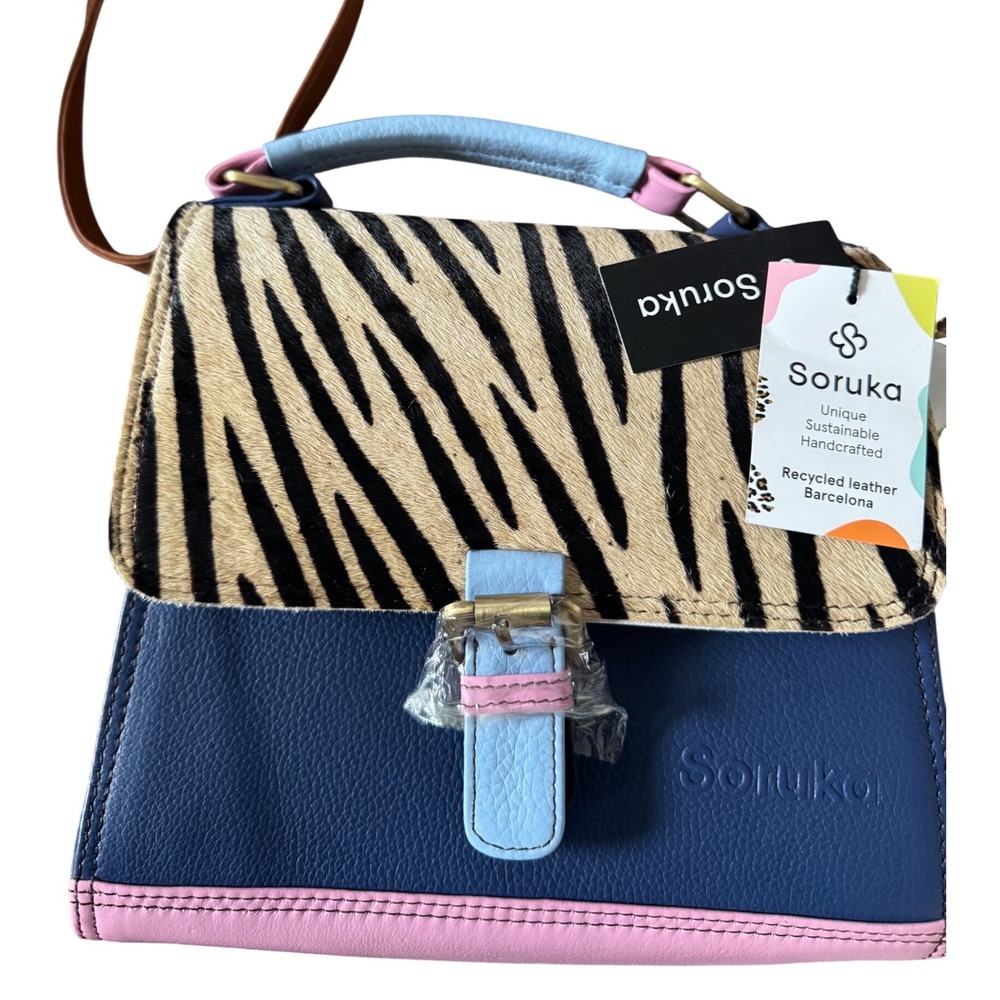 SORUKA Blue Pink Leather Vivian Animal Zebra Satchel Boho Eclectic Aesthetic NWT